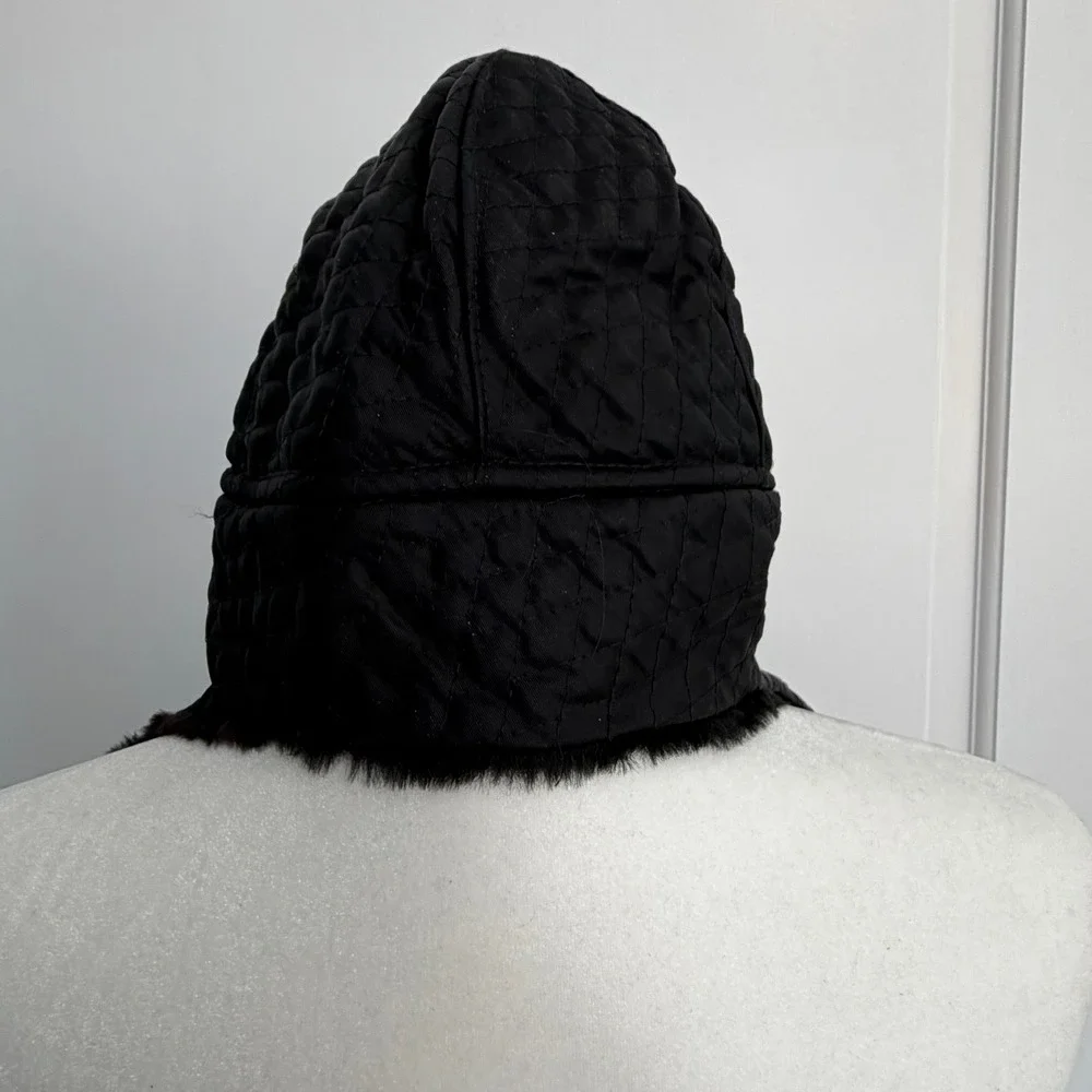 J Crew Black Quilted Trapper Hat Faux Fur Made‎ in Italy OSFM